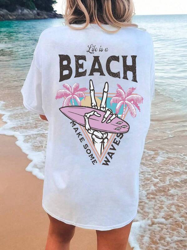 Women's T-Shirts Summer Vibes Pattern Color Beach Coconut Tree Printing Girl Clothing Fashion Beach Shirt Vintage Summer T-Shirt Ocean-Inspired Style Beach Vacation Oversized T-Shirt Graphic Tees Women Tops