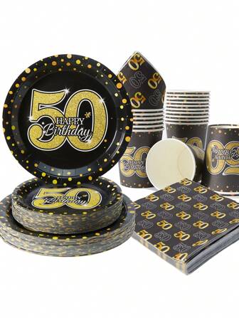 黑色带金点 50 岁生日派对一次性餐具套装，包括盘子、餐巾和杯子，适合 25 位客人，一次性纸盘和纸杯适合生日、婚礼、派对、家庭野餐