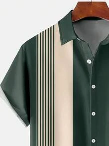 Retro Bowling Style Striped & Geometric Print Buttoned Pocket Men's Shirt - Green - View 3