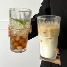 1 Set Striped Glass Cup With Straw And Lid, Portable And Simple Style Water Cup, Vertical Striped Glass Cup, Reusable High-Quality Coffee & Juice Cup, Multi Functional Beverage Container, Perfect For Home, Office, Beach, All Kinds Of Parties,