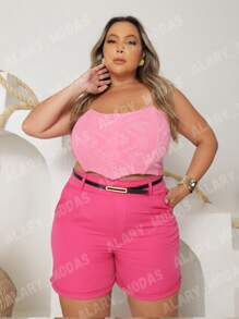 Plus Size Tailored Shorts With Elegant Belt Summer - Hot Pink - View 3