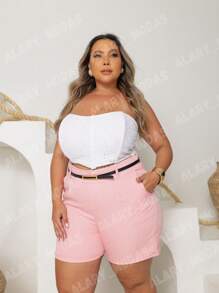 Plus Size Tailored Shorts With Elegant Belt Summer - 淡粉紅色 - 查看 4