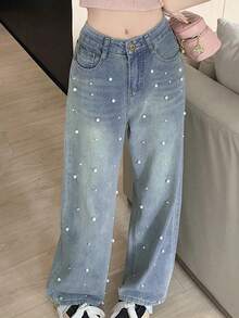 Quần jeans nữ dáng casual màu trơn cổ điển có túi, thích hợp cho kỳ nghỉ xuân. - Rửa nhẹ - Xem 3
