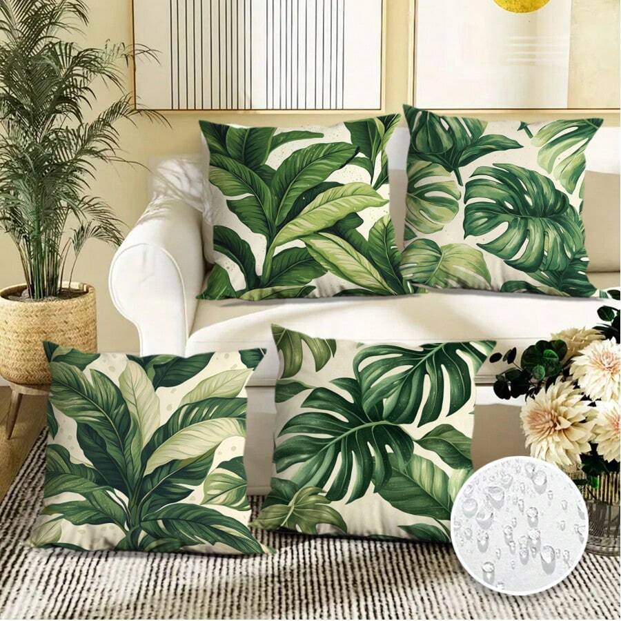 4 件装，夏季热带树叶印花防水户外垫套 - 非常适合露台、花园和家居装饰可机洗，带拉链封口