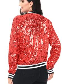 Chaqueta de manga larga con cremallera frontal y puños acanalados, con lentejuelas, para mujer, ideal para fiestas - Rojo - Ver 2