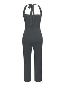 IGKEEL Women's Elegant Solid Color Minimalist Fitted Jumpsuit, Backless Wide Leg Pants, Spring/Summer - Dark Grey - View 5