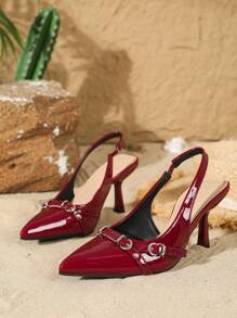 9cm Pointed Toe Elegant Stiletto High Heel Women Dress Shoes With Multiple Strap Buckle, Mirror PU Material, Wine Red, Suitable For Daily Wear And Parties