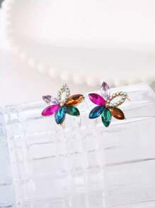Classic Sparkling Alloy Ear Studs With Rhinestone, Simple & Chic Floral Design, European & Korean Style - Colorful - View 4