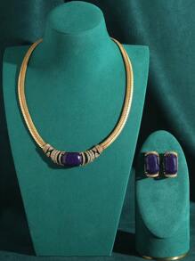 Vintage Kupfer-Optik 18K Geometrisch Quadratisch Natürlicher Lapislazuli Strass Schlangenknochen Halskette & Ohrring Schmuckset - Blau - Übersicht 11