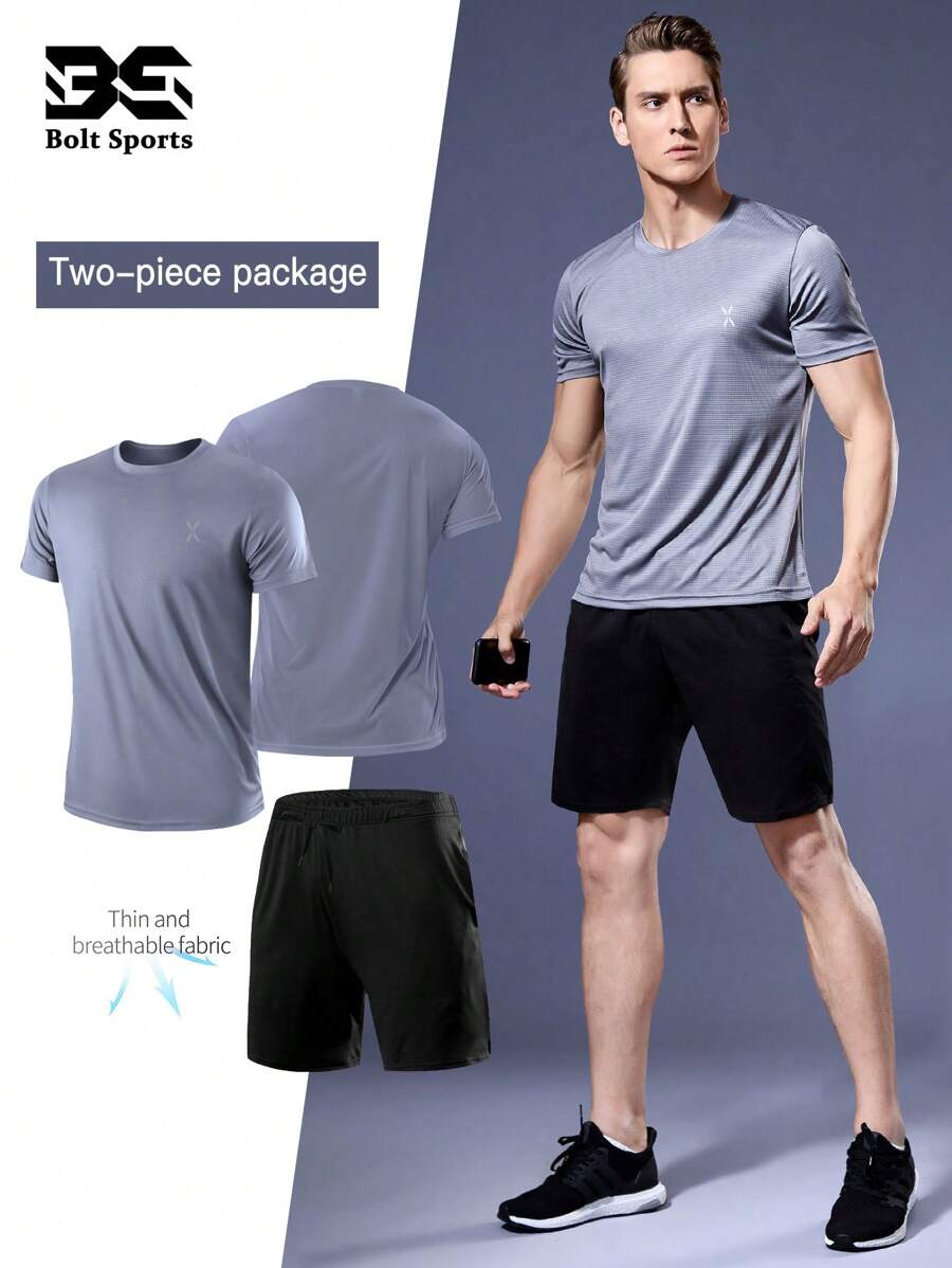2 件套男士运动装，休闲口袋抽绳短裤，轻便 T 恤，适合跑步、篮球、足球、健身