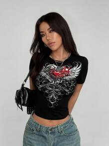 Camiseta de cuello redondo con alas rojas en 3D y diamantes estereoscópicos, estilo gótico para damas - Negro - Ver 4