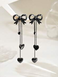 1 paire Cadeau de la Saint-Valentin Chaîne simple de clavicule Boucles d'oreilles avec franges, cœur et nœud