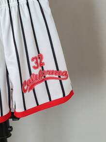 2 件套男童夏季白色条纹字母印花运动服套装，休闲运动图案运动服 + 短裤，透气面料适合夏季