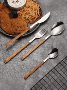 12pcs/Set Stainless Steel Flatware Set With Faux Wooden Handles - Includes Knives, Forks, Spoons And Coffee Spoons - Dishwasher Friendly, Suitable For Home, Restaurant And Party Use,School Supplies - Multicolor - View 6