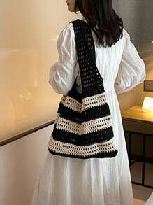Women's Aesthetic Contrast Color Knitted Shoulder Bag Hollow Out Stripe Tote Handbag Woven Female Fashion Accessory Hollow Out Tote Bag Shopping Bags Shoulder Bags Crochet Stripe Knitted Beach Bags Large Capacity Versatile Bags For Women - Black and White - View 5