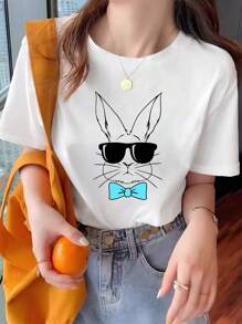 Süßes T-Shirt mit rundem Ausschnitt und kurzen Ärmeln, mit Grafik-Muster eines Kaninchens mit Sonnenbrille und Schleife, lässiges und vielseitiges Top für Damen, Sommer & Frühling - Weiss - Übersicht 1