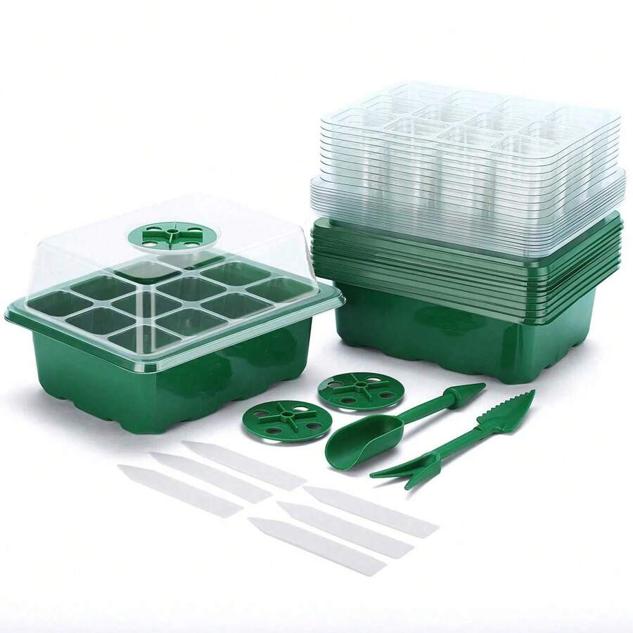 10pcs Seed Sprouting Kit, Seedling Sprouting Tray (12 Cells Per Tray), Adjustable Humidity Plant Germination Set, Garden Seed Sprouting Tray With Dome And Base, Handcraft Tool Kit With Plant Labels - Green - View 1