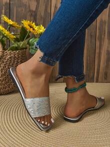 Women's Summer New Square Toe Flat Lightweight Casual Slide Sandals, Open Toe, Stripe Pattern, Fashion Versatile Soft Sole, Comfortable For Holiday, Beach, Daily Wear - Silver - View 6