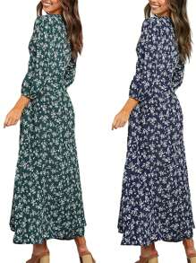 Women's 3/4 Sleeve Maxi Dress Button-Down Floral Print Long Dresses V-Neck Casual High Waist Boho Dress - Navy Blue - View 3