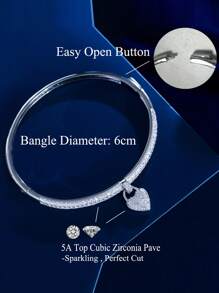 1pc Sparkling Micro Pave Cubic Zirconia Dangling Heart Shape Charm Open Bangle Bracelet For Women, Daily Engagement Wedding Party Jewelry Accessories