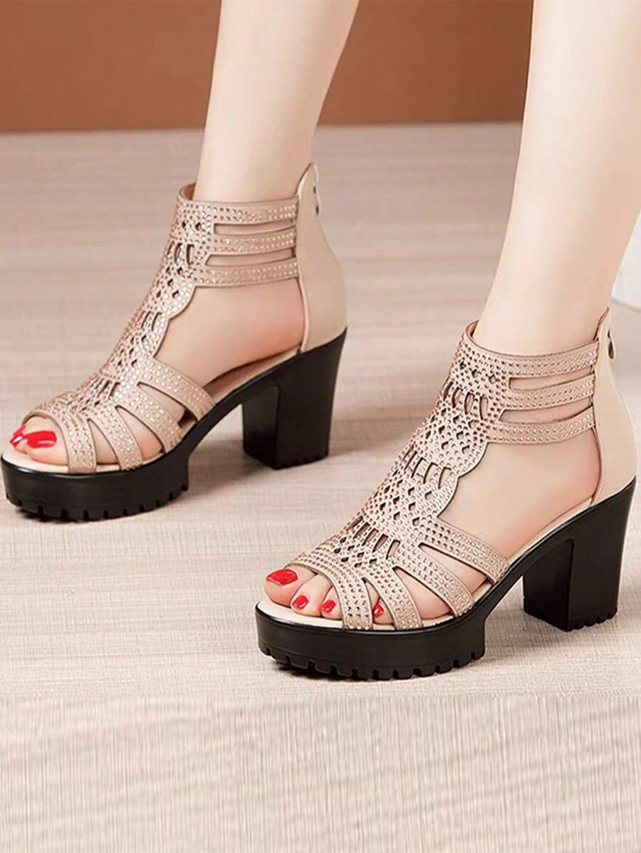 1 Đôi Dép Sandal Cao Gót Phong Cách La Mã Thời Trang Cho Thanh Thiếu Niên, Thiết Kế Khoét Hở Khóa Kéo Phía Sau, Thích Hợp Cho Hoạt Động Ngoài Trời, Đi Làm, Tiệc Khiêu Vũ, Bãi Biển - Vàng - Xem 1