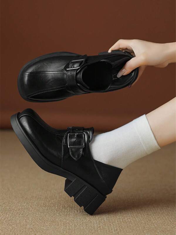 Square Toe Chunky Heel Shoes Women, British Style Mid Heel Small Leather Shoes