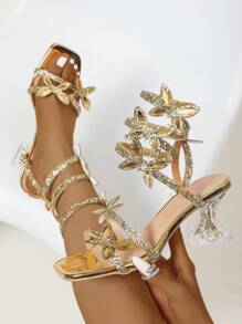 Spring/Summer High Heels, Women's Shoes, Women's Sandals, Low Heels & High Heels, Sandals, Elegant Square Toe Sandals, Wrap Around High Heels, Open Toe Sandals, Crystal Heel Sandals, Suitable For Office Ladies, Comfortable, Multipurpose, Easy To Wear And Dress Up, Party - Gold - View 3