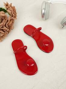 Girls Fashion Casual Glossy Jelly Thong Slippers With Big Button, Girls Outdoor Walking Holiday Beach Sandals - Red - View 2