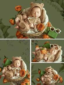 2 szt./zestaw czapka niedźwiedzia + kombinezon, strój do fotografii noworodkowej, rekwizyty do zdjęć dla niemowląt, pamiątka wzrostu niemowląt, akcesoria do zdjęć dla dzieci 0-1M