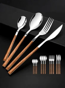 12pcs/Set Stainless Steel Flatware Set With Faux Wooden Handles - Includes Knives, Forks, Spoons And Coffee Spoons - Dishwasher Friendly, Suitable For Home, Restaurant And Party Use,School Supplies - Multicolor - View 1