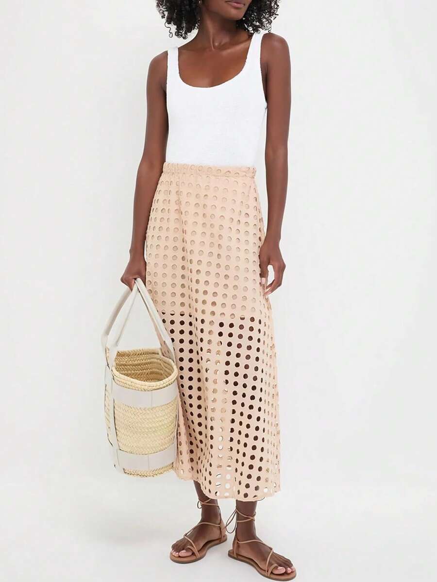 Summer Casual Long Skirt For Women Cotton Eyelet Beach Maxi Skirt With Underneath - Màu Khaki - Xem 1