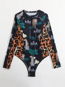 Summer Beach Surf Fashion Leopard Print Tropical Print Long Sleeve One Piece Swimsuit With Zipper For Water Sports