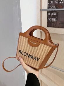 1pc Brown PU Bucket Bag, Premium Letter Embroidery Shoulder & Crossbody Bag, Fashionable Pastoral Style Handbag - Brown - View 7