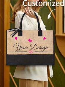 1Pc Personalized Custom Burlap Tote Bag, Large Capacity Printed Tote Bag ,Personalized Present Bag,Gift Bag Women High-Capacity Handbag Graduation Gifts Letter Print Fashionable Tote Bag, School Gift,Lightweight Shopping Bag