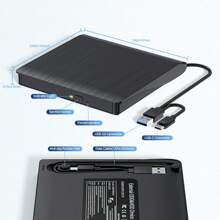 Lecteur DVD externe, lecteur et graveur de CD/DVD portable USB 3.0 - haute vitesse, ultra fin, lecteur optique léger avec compatibilité Type-C et USB - fonctionnement silencieux pour la lecture et l'écriture de CD/DVD (Noir)