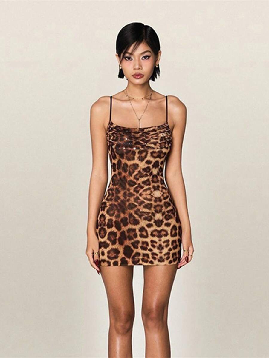 Women Mini Dress Leopard Print Sleeveless Cami Dress Summer Fashion Spaghetti Strap Dress - Brown - View 1