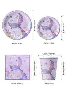100/75/25/10pcs Purple Big Fish Tail Ocean Theme Disposable Plates, Napkins, Cups Set, Party Supplies, Suitable For 25 Guests, Disposable Paper Plates Party Tableware For Birthday, Wedding, Party, Family Picnic - Multicolor - View 2