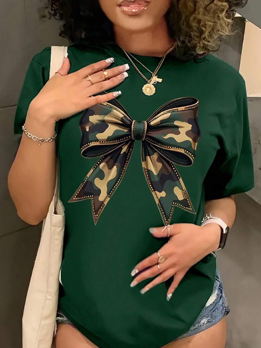 Women Camouflage Bow Design Round Neck Short Sleeve Casual Basic T-Shirt, Summer