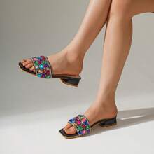 Women's Fashionable Sexy New Sandals, Luxury Colorful Glass Rhinestone Strap Charming Open Toe Summer Festival Casual Outdoor Versatile Low Heel Slides - Black - View 3