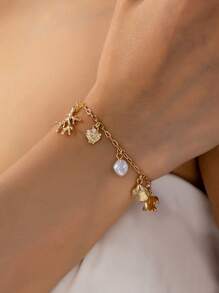 1pc Ocean Life Beach Theme Bracelet, Summer Vacation Style, Starfish & Shell Pendant, Bohemian Style Jewelry For Women - Multicolor - View 2