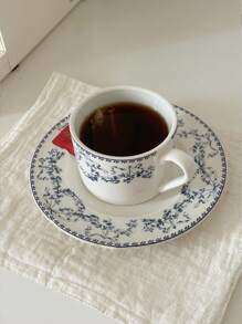 1pc French Vintage Ditsy Floral Lace Blue Ceramic Mug And Saucer Set, Everyday Home/Office Use Tea/Coffee Cup, Breakfast Oatmeal/Milk Bowl, Birthday/Holiday Gift