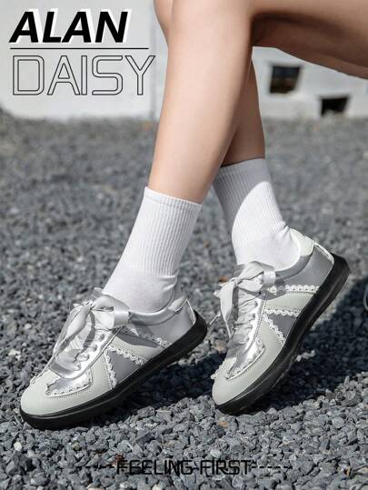 女士时尚系带拼接芭蕾平底鞋，舒适、休闲、轻便、百搭，适合日常穿着、上学、户外运动