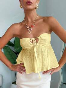 Purely Sensual Bohemian Style Butter Yellow Cutout Knotted Halter Top