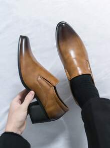 Zapatos formales de hombre, tacón de cuña, punta puntiaguda de unicolor, zapatos formales de monje para hombre, zapatos de fiesta - Marrón - Ver 1