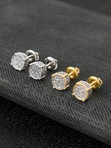 1 Pair Of Luxurious Retro S925 Sterling Silver Hip-Hop Men'S Earrings With Synthetic Zirconia Micro Inlaid 14k Gold Plated Round Earrings Suitable For Daily Party Wear
