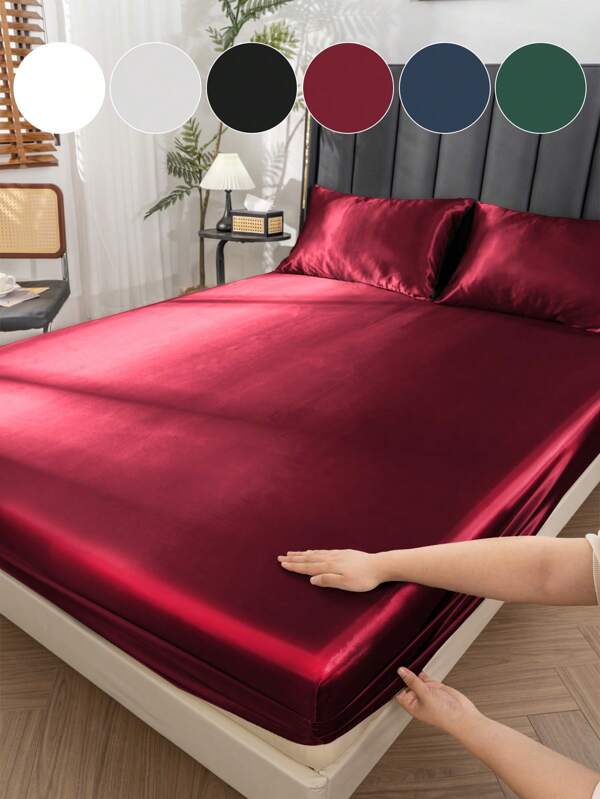 2/3pcs Luxury Satin Fitted Sheet Set, Bedding Set, Fitted Sheet Set, Bed Cover Set, Solid Color Mattress Cover Set, Soft And Comfortable Bedding Set For Bedroom, Deep Mattress Protector, 1pc Mattress Cover With 1/2pcs Pillowcase, Bed Cover Set, Fits Twin Full King Queen Size Bed, Ultra Soft And Breathable, Silky Smooth, Anti-Wrinkle, Machine Washable Fitted Sheet, For Mother's Day Gift, Perfect Holiday Gift,
