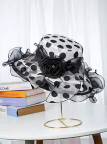 1 件女式欧根纱波尔卡圆点宽边帽，欧美波浪边沙滩帽，户外太阳帽，夏季教堂帽