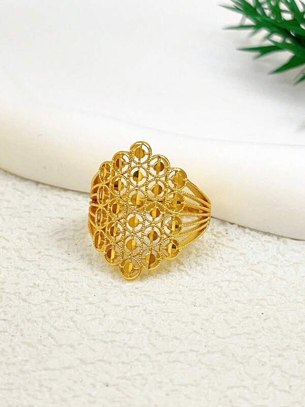 1 pieza Anillo de plata de ley S925 con elegante diseño hueco de lunares dorados y estampado floral retro, joyas para mujer adecuadas para uso diario