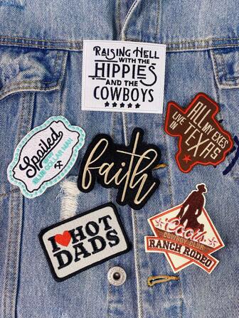1 Set Of 2/6pcs Western Cowboy Series English Letters Embroidery Patches Fashion Cartoon Polyester Badge Applique DIY Clothing Iron On Patches Sew Accessory Cloth Stickers Suitable For Backpacks, Jeans, Jackets, T-Shirts, Hats, Dresses, Etc