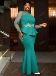 Plus Size Long Party Mermaid Dresses Sheer Mesh Sleeves Patchwork 3D Embroidered Lace Party Peplum Evening Birthday, Wedding Guest Dress, Formal Dress,Gown
